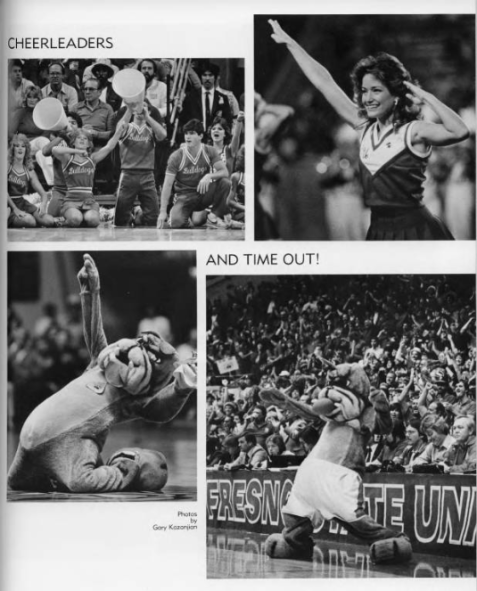 A page from the 1984 Fresno State year book featuring cheerleaders and Time Out