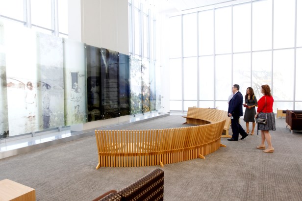 An eleven panel glass mural of the Table Mountain Rancheria's history.