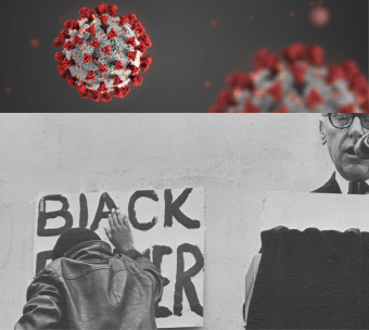 top photo of coronavirus, bottom photo of black man with a black power sign