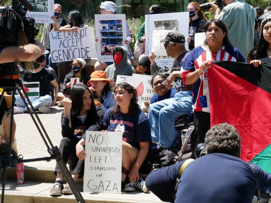 Sit-in for Palestine peaceful demonstration - May 1, 2024 at Fresno State's Free Speech Area. Photo: Tyler Lovejoy