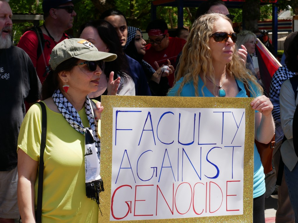 "faculty against genocide"  Sit-in for Palestine peaceful demonstration - May 1, 2024 at Fresno State's Free Speech Area. Photo: Tyler Lovejoy