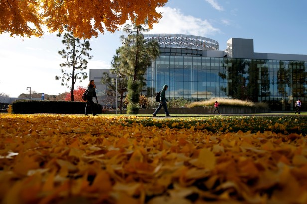 Students walking in front of the Fresno State Library with fall leaves on the ground