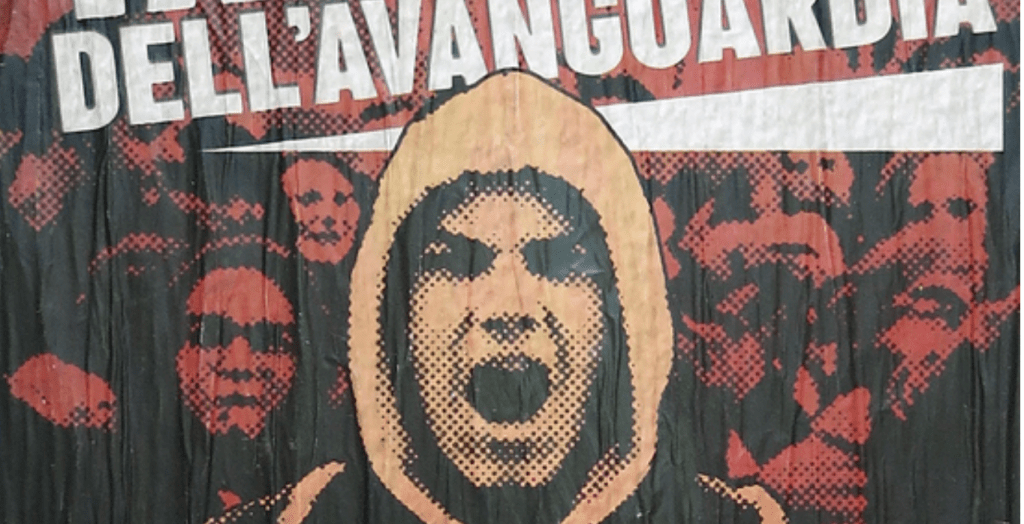 Tamburo dell'avanguardia This poster celebrates Italy's far-right youth as the "Drum[beat] of the Avant-Garde." Produced by Student Bloc, CasaPound Italy's neo-fascist youth group, it depicts an Italian youth shouting while holding a banner along with an anonymous crowd of Student Bloc members in the background. Rendered in a flame-like color palette, the poster evokes youth as a revolutionary force against the socio-political status quo. Source: Photograph by Brian J Griffith (December 28, 2020).