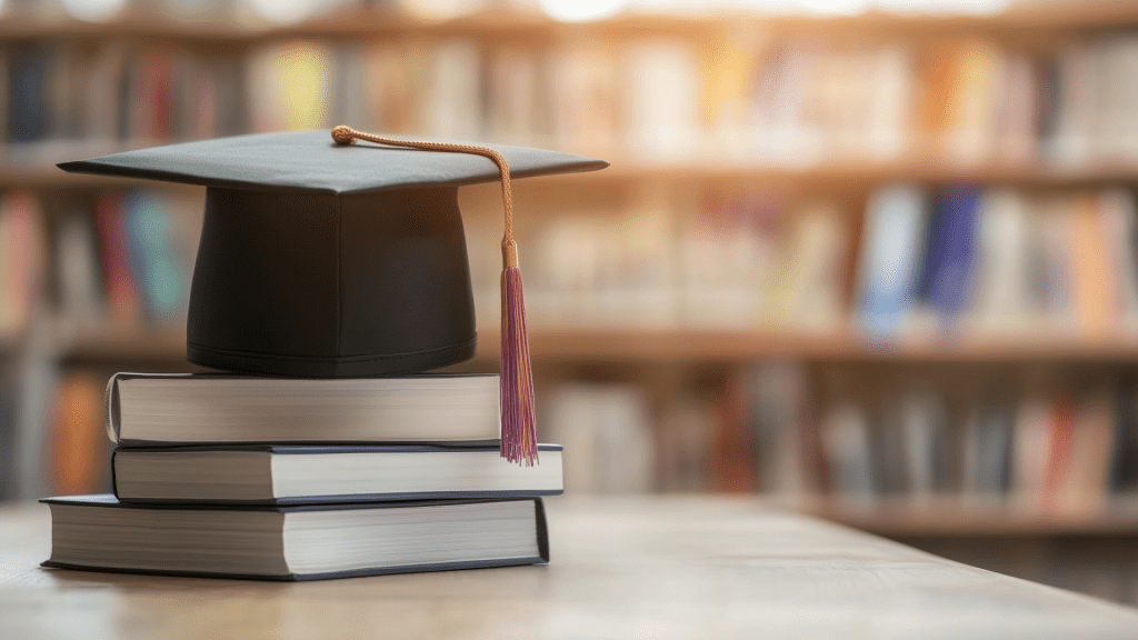 A stack of books with a mortarboard cap with shelves of books in the background