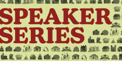 A graphic shows the phrase Speaker series with a collection of pencil illustrations of homes in a quaint style.